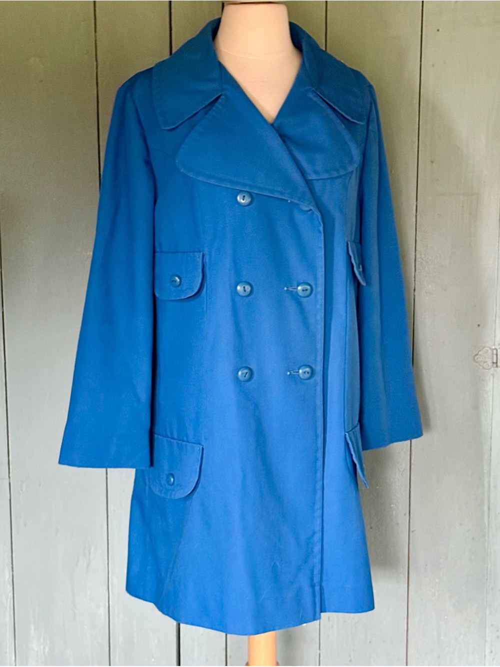 VTG 60s 70s Wamsutta Rain Coat Jacket Double Breasted Blue M
